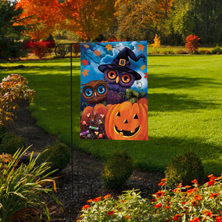 Briarwood Lane Happy Halloween Owls Garden Flag with jack-o-lanterns on a colorful, cheery primitive lawn display.