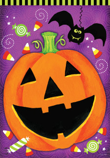 Briarwood Lane small printed Halloween house flag with jack o-lantern, bats, candy, and colorful fall decor.