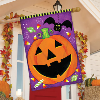 Briarwood Lane small printed Halloween house flag with jack o-lantern, bats, candy, and colorful autumn design.