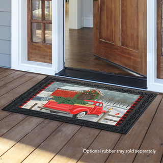Briarwood Lane festive doormat with red pickup truck and Christmas tree, colorful seasonal porch decor.