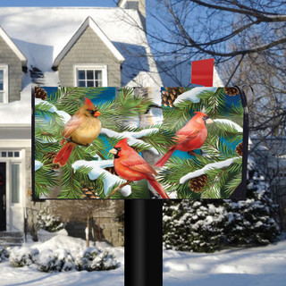 Briarwood Lane Snowy Cardinals Winter Mailbox Cover with pinecones and pair of male and female cardinals.