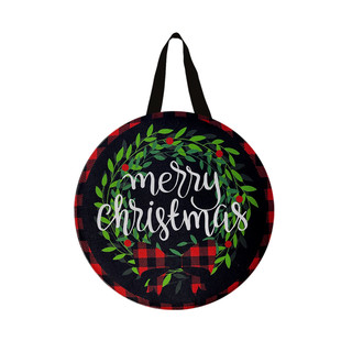 Briarwood Lane Christmas Wreath Burlap Door Hanger with red plaid, holly, berries and merry Christmas text.