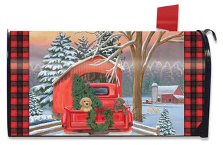Briarwood Lane Christmas mailbox cover with lab puppies in a red pickup truck on a snowy road.