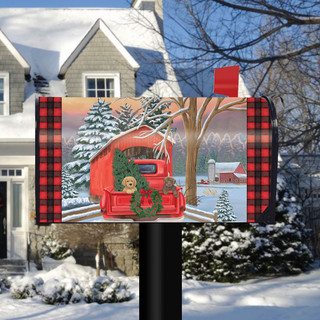 Briarwood Lane Christmas mailbox cover with red pickup truck and happy labrador in winter scene.