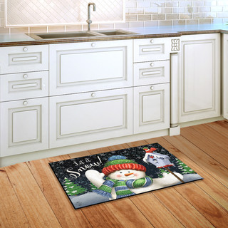 Briarwood Lane Snow Time Snowman printed doormat with knit hat and scarf on wooden floor.