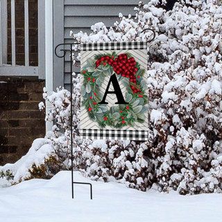 Briarwood Lane Winter Wreath Monogram Letter A garden flag with greenery, berries, and festive design.