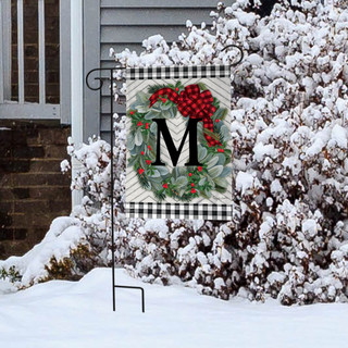 Briarwood Lane Winter Wreath Monogram Letter M garden flag with greenery, berries, and festive design.