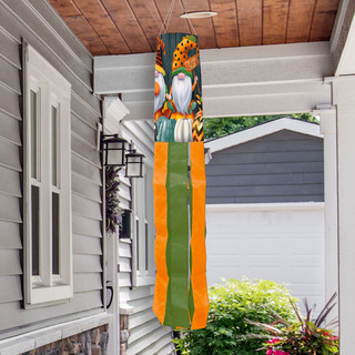 Briarwood Lane Fall Gnome windsock with polka dots, pumpkins, and stripes in bright autumn colors.