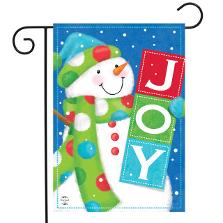 Briarwood Lane Snowman Joy garden flag with colorful polka dots, hat, and scarf on blue background.
