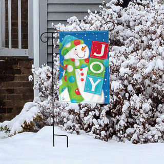 Briarwood Lane Snowman Joy garden flag with colorful polka dots scarf and hat on display outdoors.
