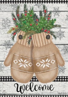 Briarwood Lane Farmhouse Mittens Winter Garden Flag with knit mittens, spruce, snowflakes, and welcome berries.