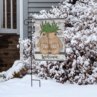 Briarwood Lane small knit mittens garden flag with spruce, snowflakes, and welcome berries on porch.
