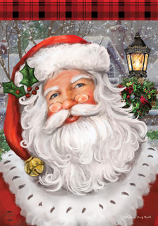 Briarwood Lane small printed Checkered Santa Christmas Garden Flag with happy face and colorful holiday design.