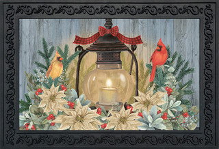 Briarwood Lane primitive candle decor with white poinsettias and colorful birds on rustic lantern.