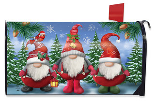 Briarwood Lane Christmas mailbox cover with colorful gnomes and festive winter scene design on large cover.
