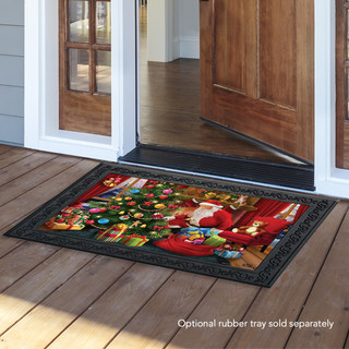 Briarwood Lane Christmas doormat with Santa, tree, gifts on a colorful, cheery, decorative, small printed mat.