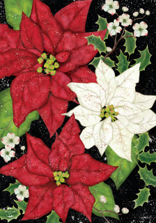 Briarwood Lane festive Christmas garden flag with red and white poinsettias and holly on black background.