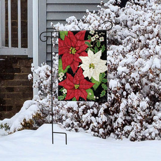 Briarwood Lane festive garden flag with red and white poinsettias for Christmas holiday decoration outdoors.