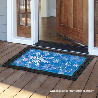 Briarwood Lane's small printed doormat with colorful snowflakes and "Let it Snow" on a porch.