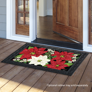 Briarwood Lane Festive Poinsettias Christmas doormat with red and white flowers on a wooden porch.