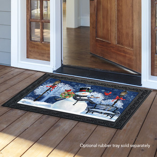 Briarwood Lane Snowman Holiday Cheer Christmas Doormat on a wooden porch with festive winter design.