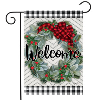 Briarwood Lane small Welcome garden flag with winter wreath, berries, spruce, and checkered bow decoration.