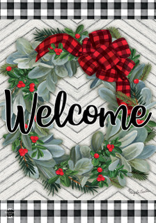 Briarwood Lane small printed garden flag with colorful winter wreath, berries, spruce, and checkered bow.