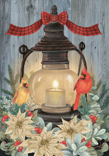 Briarwood Lane candle house flag with white poinsettias, cardinals, and lantern on rustic background.