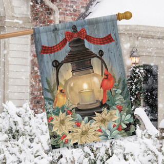 Briarwood Lane warm winter candle house flag with white poinsettias and cardinals on rustic background.