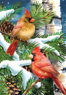 Briarwood Lane Snowy Cardinals Seasonal House Flag with male and female cardinals on snowy pine branch.