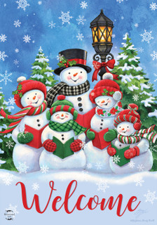 Briarwood Lane Christmas house flag with cheerful snowmen carolers and welcome sign on snowy scene.