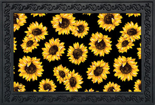 Briarwood Lane Sunflowers Summer Doormat, colorful yellow sunflowers on black background, decorative printed floormat.