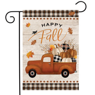 Briarwood Lane Happy Fall Pickup Truck garden flag with colorful, printed, decorative autumn design and cheery text.