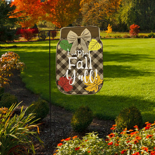 Briarwood Lane small printed garden flag with Happy Fall Y'all on burlap with colored leaves.