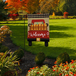 Pumpkin Truck Burlap Fall Garden Flag