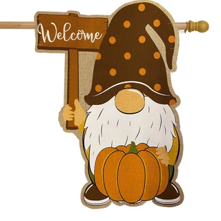 Briarwood Lane fall gnome holding pumpkin and welcome sign, colorful autumn decorative yard display.