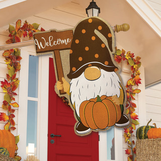 Briarwood Lane Fall Gnome Burlap House Flag with colorful pumpkins and welcome sign on porch.
