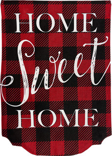 Red and black checkered burlap flag with "Home Sweet Home" text by Briarwood Lane.