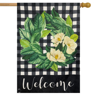 Briarwood Lane Magnolia Wreath Burlap House Flag with black, white checkered and floral welcome design.