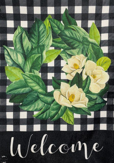 Briarwood Lane Magnolia Wreath Burlap House Flag with black, white checkered floral welcome decorative display.