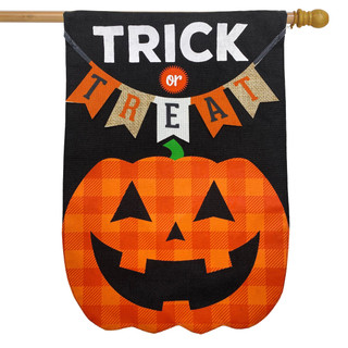 Briarwood Lane small printed Trick Or Treat pumpkin burlap Halloween house flag with colorful jack o'lantern.