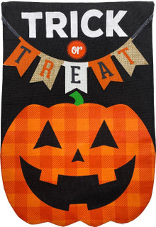 Briarwood Lane Halloween flag with orange jack o'lantern and 'Trick or Treat' banner on burlap.