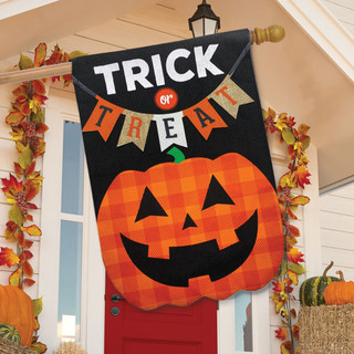 Briarwood Lane small printed Trick Or Treat pumpkin burlap house flag for festive fall holiday display.
