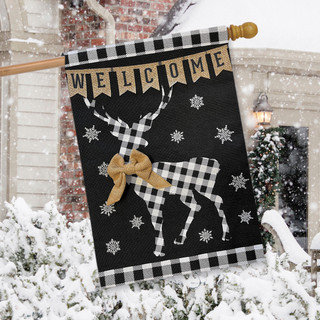 Briarwood Lane welcome flag with plaid deer, snowflakes, and bow, perfect for winter porch display.