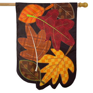 Briarwood Lane small autumn house flag with colorful, turning leaves on black background, printed decorative design.