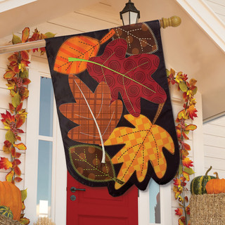 Briarwood Lane Fallen Leaves Applique Autumn House Flag with colorful, turning leaves on a porch.