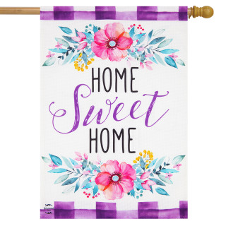 Briarwood Lane purple and white spring burlap house flag with floral design and Home Sweet Home text.