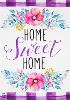 Briarwood Lane purple burlap house flag with floral design and 'Home Sweet Home' text.