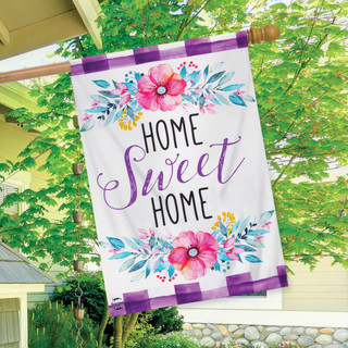 Briarwood Lane Spring Burlap House Flag with purple border, floral design, and Home Sweet Home text.