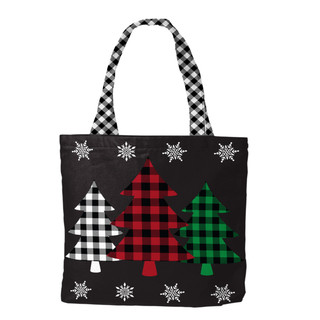 Briarwood Lane black canvas tote bag with checkered Christmas trees and snowflakes for everyday carry.